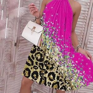 Pink printed cheetah print pleated high mock neck flowy midi swing dress
